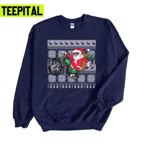 Santa Claus Coming On Motorcycle Ugly Christmas Unisex Sweatshirt