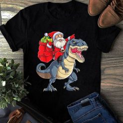 Santa Riding Dinosaur T Rex Christmas Gifts Boys Men Xmas T-Shirt