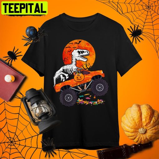 Skeleton Dinosaur Monster Truck Moon Candy Toddler Halloween Retro Art Unisex T-Shirt