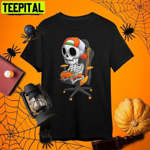 Skeleton Gamer Video Gaming Boys Kidsns Halloween Retro Art Unisex T-Shirt