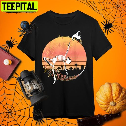 Spooky Dancing Witch Skeleton In A Graveyard Retro Art Unisex T-Shirt