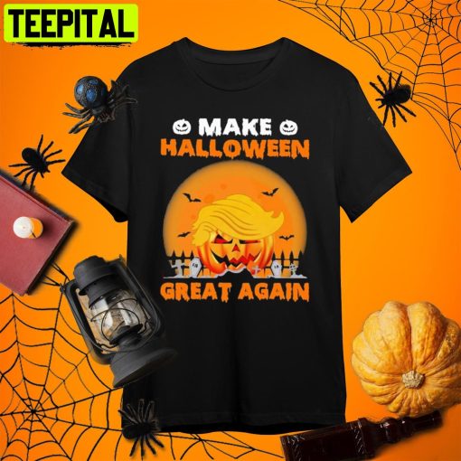 Trumpkin Pumpkin And Bat Horror Halloween Retro Art Unisex T-Shirt