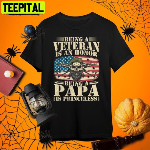 Veteran Dad American Flag And Skeleton Halloween Veteran Retro Art Unisex T-Shirt