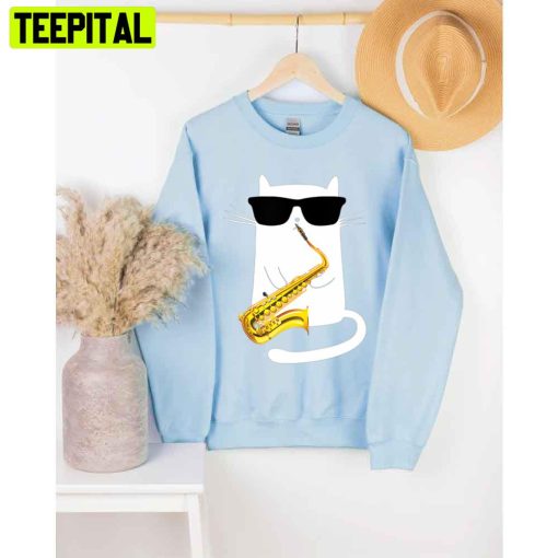 Funny Cat Wearing Sunglasses Playing Saxophone Unisex T-Shirt