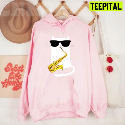 Funny Cat Wearing Sunglasses Playing Saxophone Unisex T-Shirt