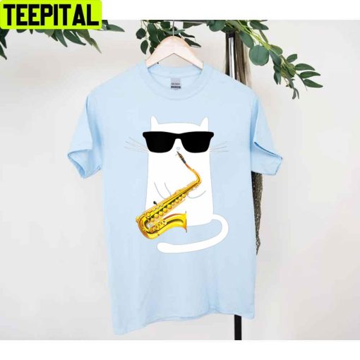 Funny Cat Wearing Sunglasses Playing Saxophone Unisex T-Shirt