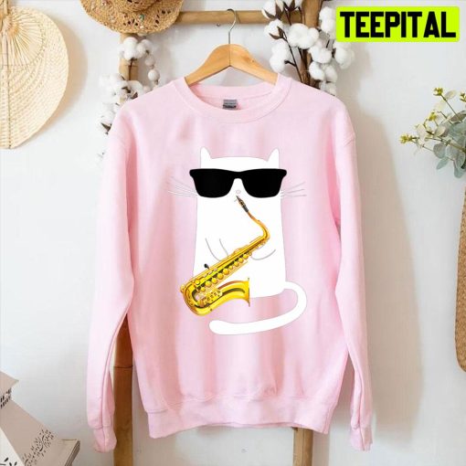 Funny Cat Wearing Sunglasses Playing Saxophone Unisex T-Shirt