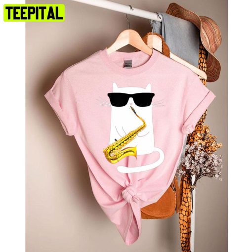 Funny Cat Wearing Sunglasses Playing Saxophone Unisex T-Shirt