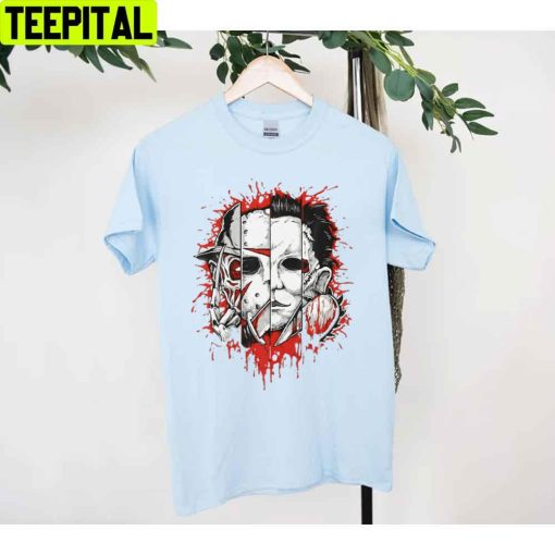 Retro Halloween Faces Of Legends Horror Killer Of Jason Voorhees Michael Myers Penywise Freddy Krueger Leatheface Unisex T-Shirt