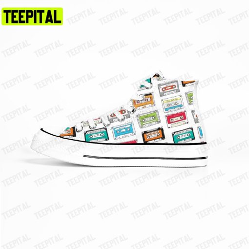90s Kassette Pattern Design Retro Style Adults High Top Canvas Shoes