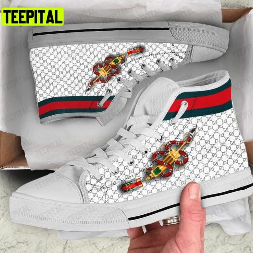 Gucci White Snake Pattern Adults High Top Canvas Shoes