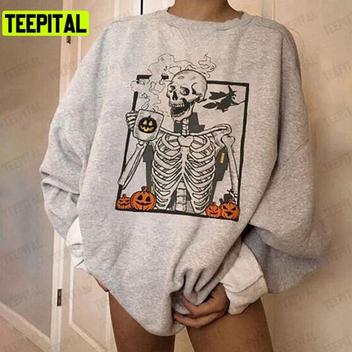 Skull Skeletons Halloween Drinking Coffee Unisex T-Shirt Sweatshirt Hoodie