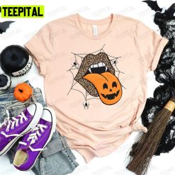 Tongue Out Cheetah Lips With Pumpkin Halloween Unisex T-Shirt Sweatshirt Hoodie