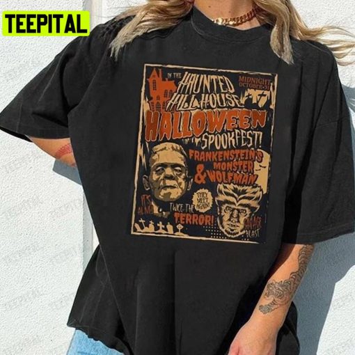 Vintage Frankenstein And Wolfman Halloween Unisex T-Shirt Sweatshirt Hoodie