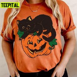 Vintage Halloween Pumpkin And Black Cat Unisex T-Shirt Sweatshirt Hoodie