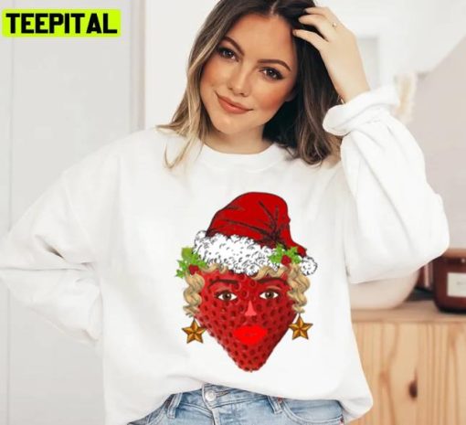 Very Cute And Funny Xmas Red Strawberry Face Holiday Sweatshirt