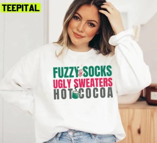 Xmas Themed Fuzzy Socks Hot Cocoa Holiday Sweatshirt