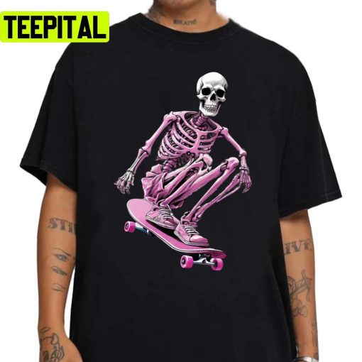 Preppy Skeleton With Skateboard Pink Unisex Sweatshirt