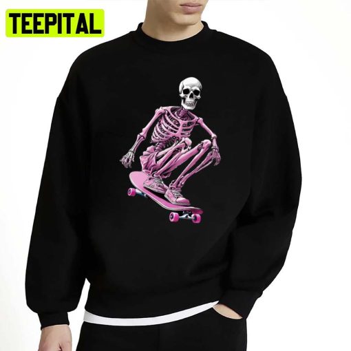 Preppy Skeleton With Skateboard Pink Unisex Sweatshirt